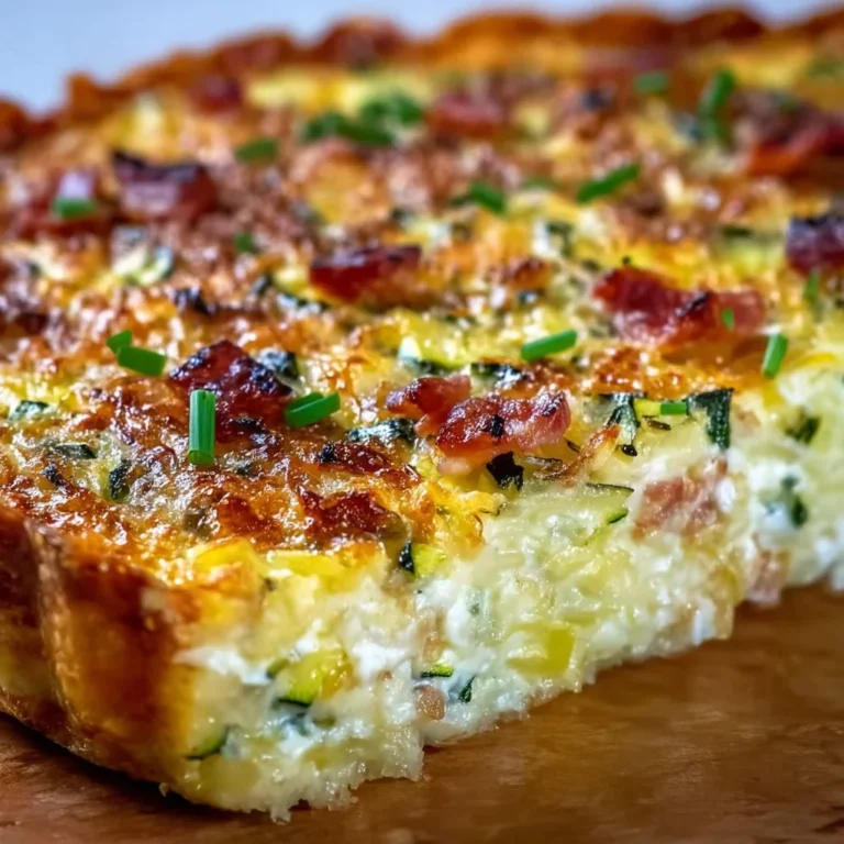 Crispy Hash Brown Zucchini Quiche topped with Smoky Bacon, served on a plate.