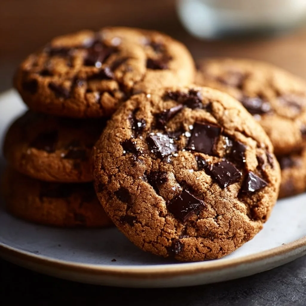 Freshly baked dark chocolate chip cookies on a cooling rack