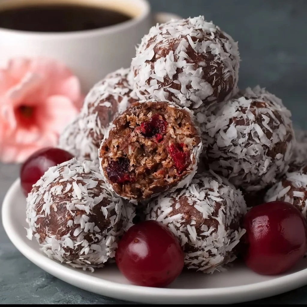 No-bake chocolate coconut cherry balls garnished with coconut flakes