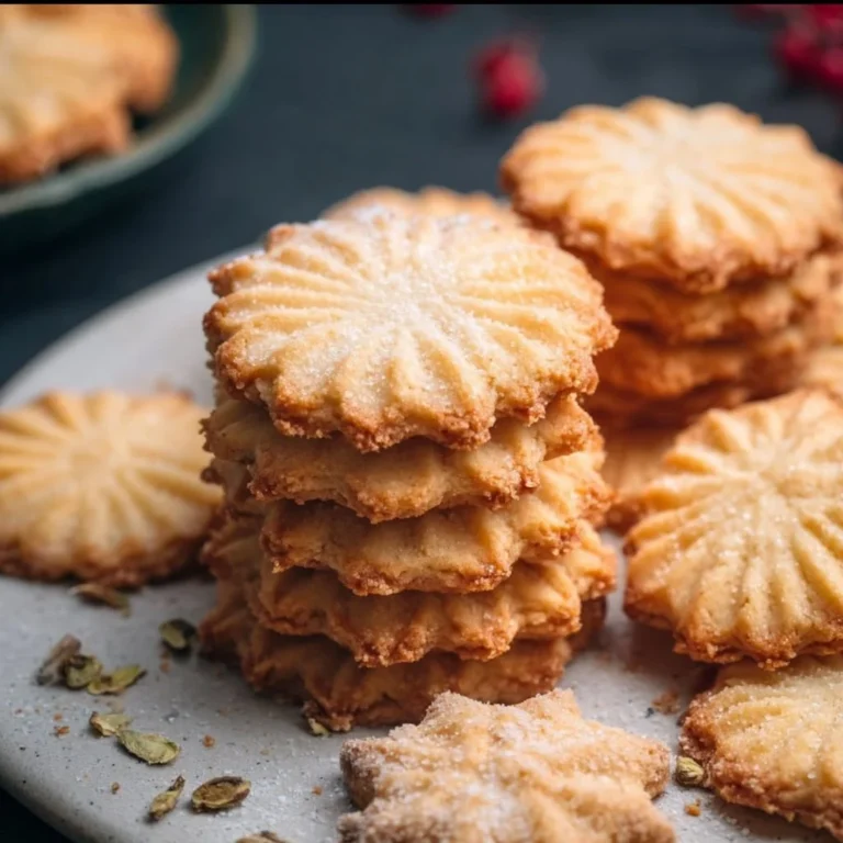 A plate of homemade crispy German butter cookies, garnished with powdered sugar