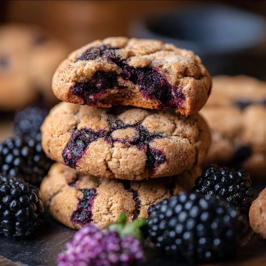 Freshly baked blackberry cookies on a cooling rack.