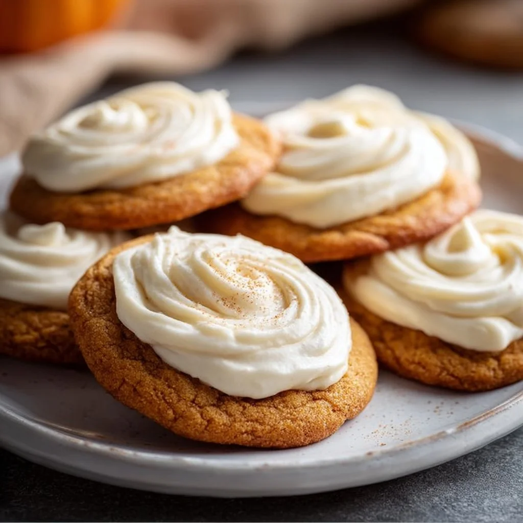 Delicious pumpkin sugar cookies with cream cheese frosting on a plate