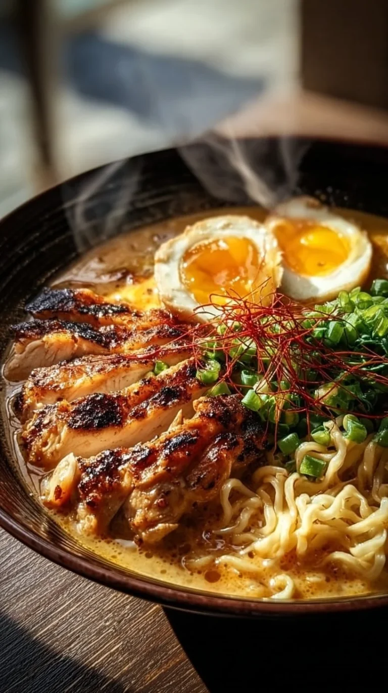 Bowl of fiery chicken ramen with creamy garlic sauce and fresh toppings