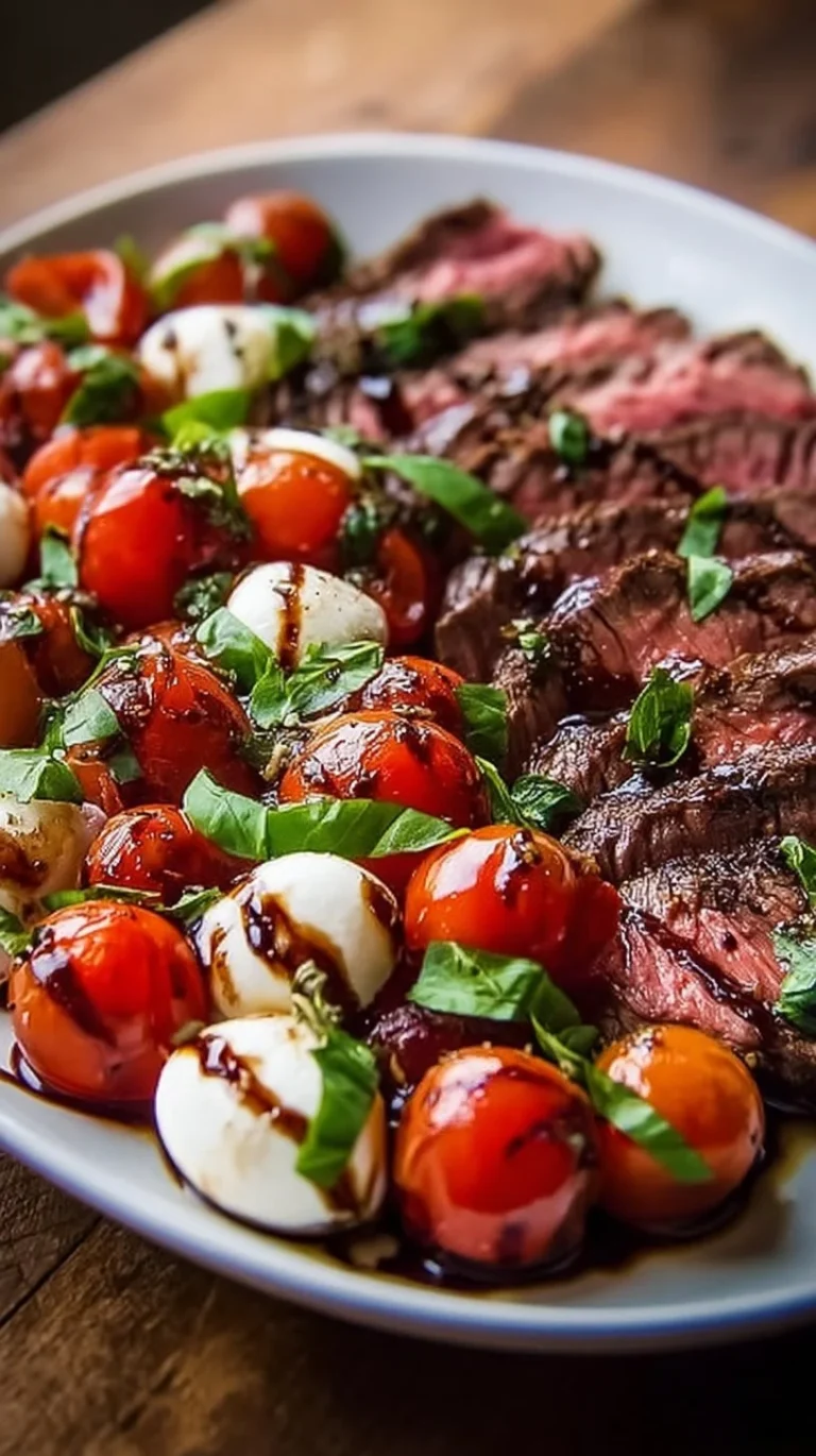 Flank Steak Caprese with fresh mozzarella, tomatoes, and balsamic dressing