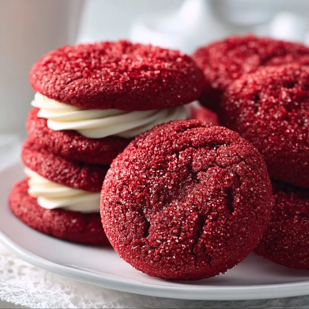 Frosted red velvet cookies on a plate, topped with cream cheese frosting.