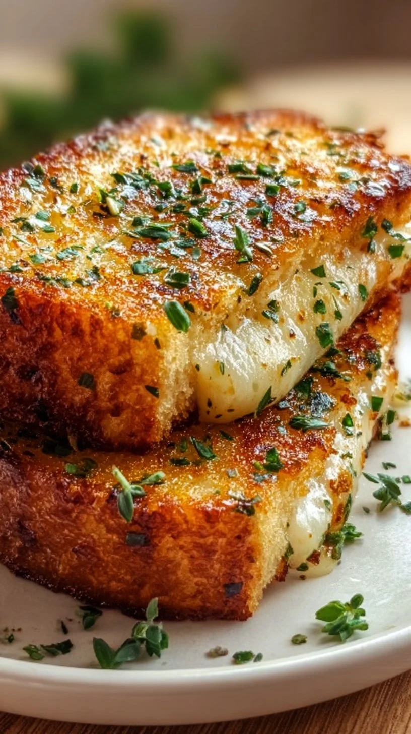 Delicious garlic bread grilled cheese sandwich oozing with melted cheese