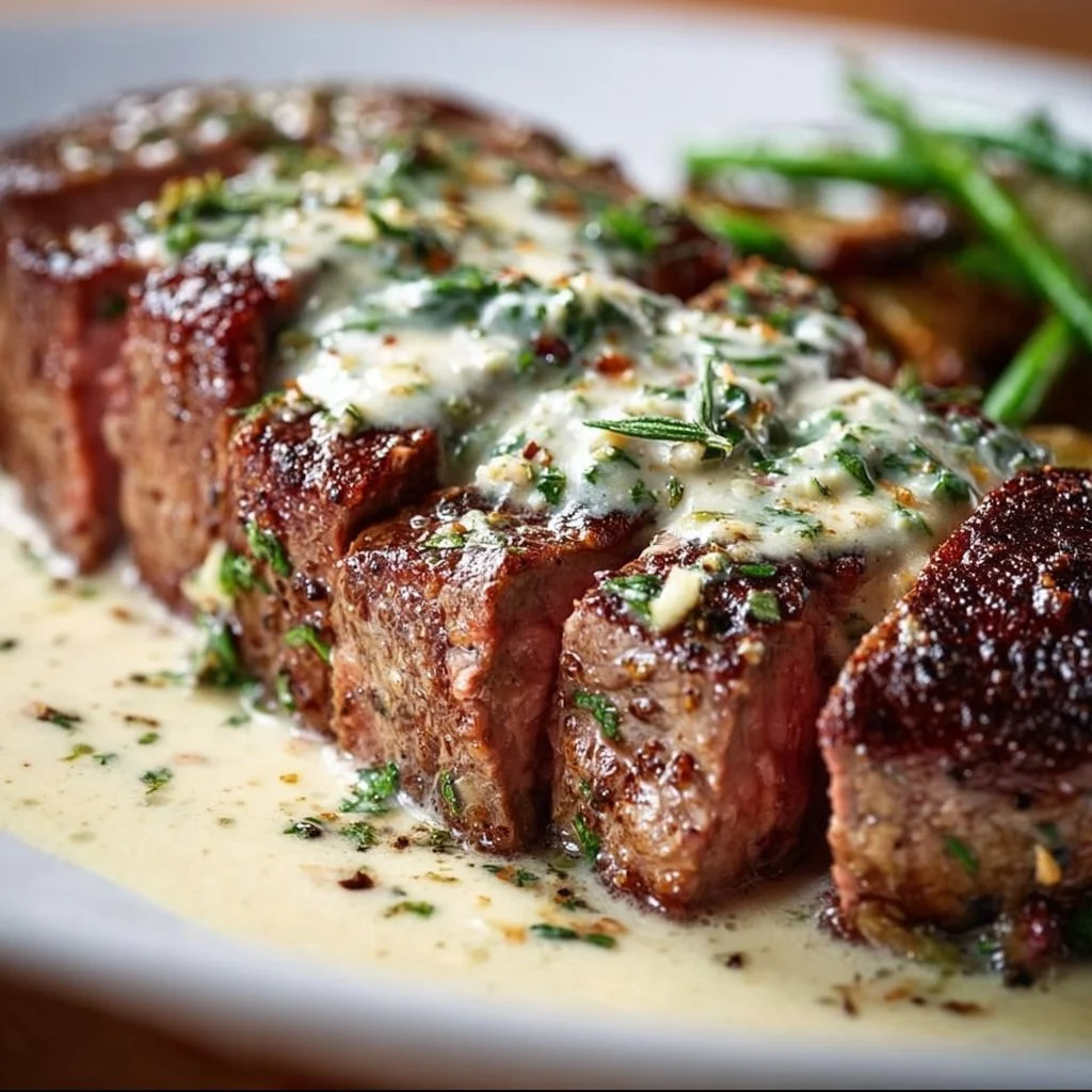 Garlic butter steak garnished with creamy Parmesan sauce on a plate