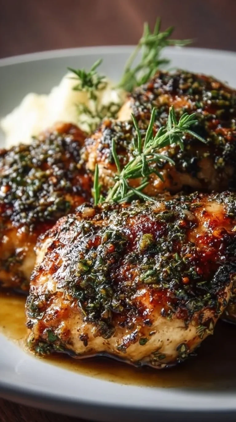 Delicious Garlic Herb Chicken garnished with fresh herbs and roasted garlic