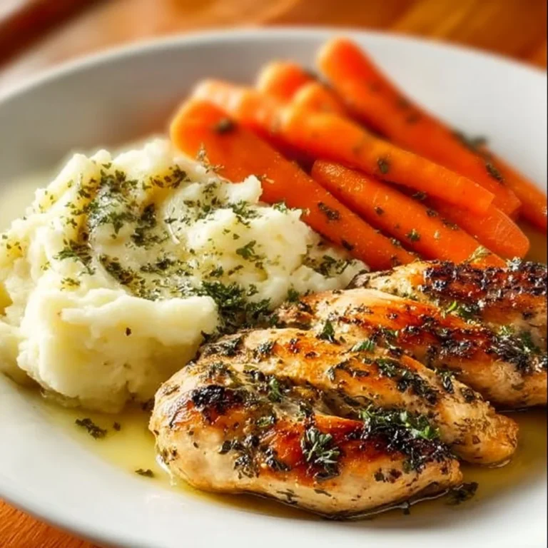 Delicious Garlic Herb Chicken with mashed potatoes and glazed carrots on a plate.