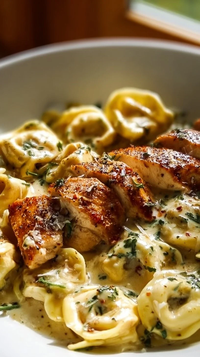 Garlic Parmesan Chicken Tortellini with creamy sauce and topped with parsley