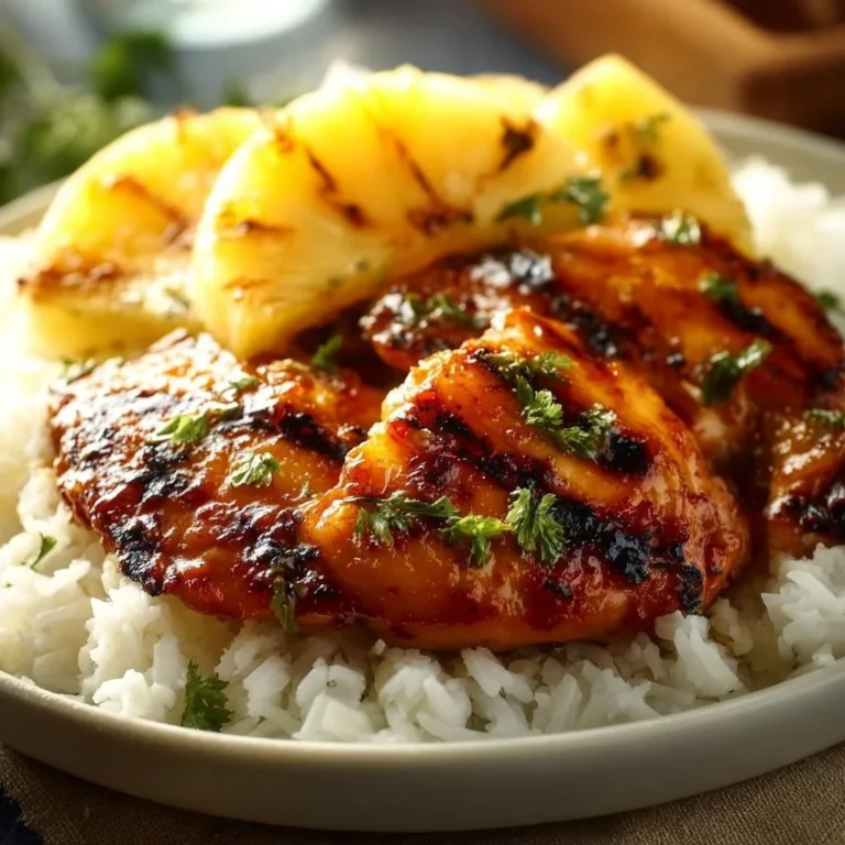 Hawaiian Chicken served with Pineapple and Coconut Rice on a plate