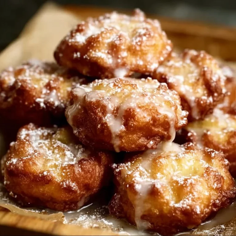 Freshly baked fluffy apple fritters on a plate, dusted with powdered sugar.