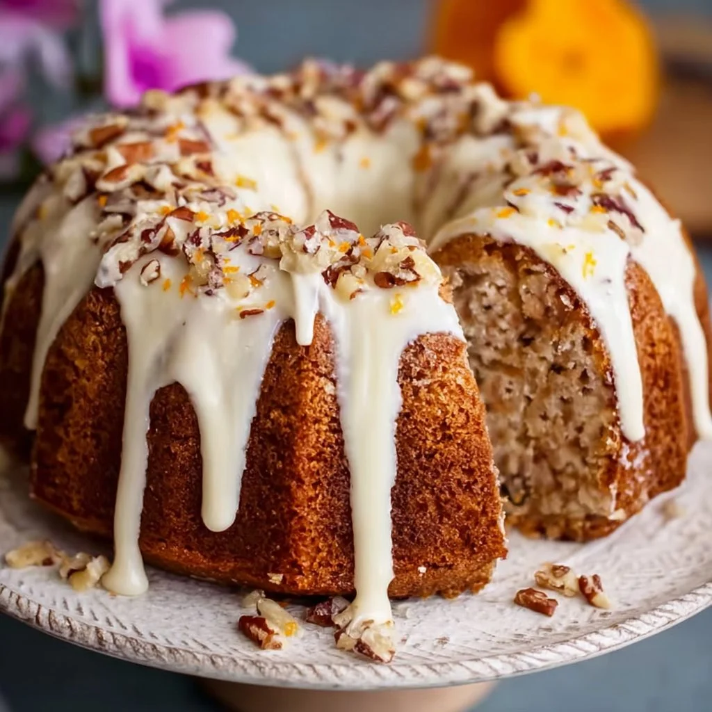 Heavenly Hummingbird Bundt Cake with Orange Cream Glaze on a serving plate