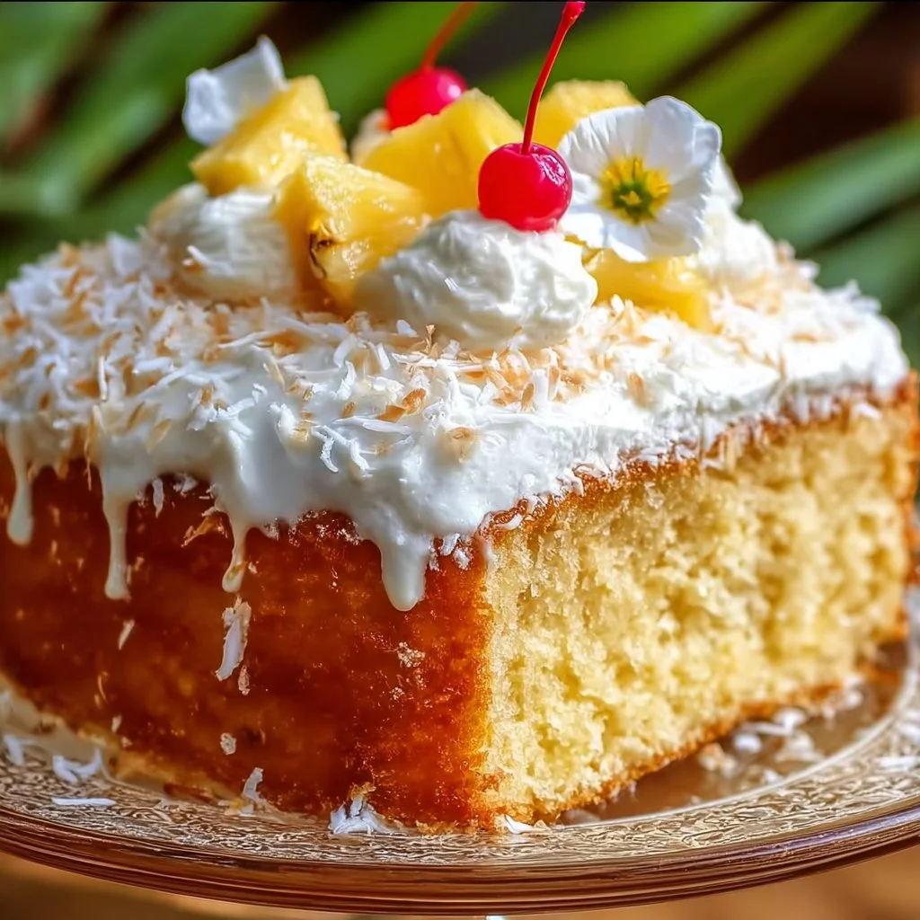 Heavenly Piña Colada Cake decorated with tropical fruits and coconut frosting.