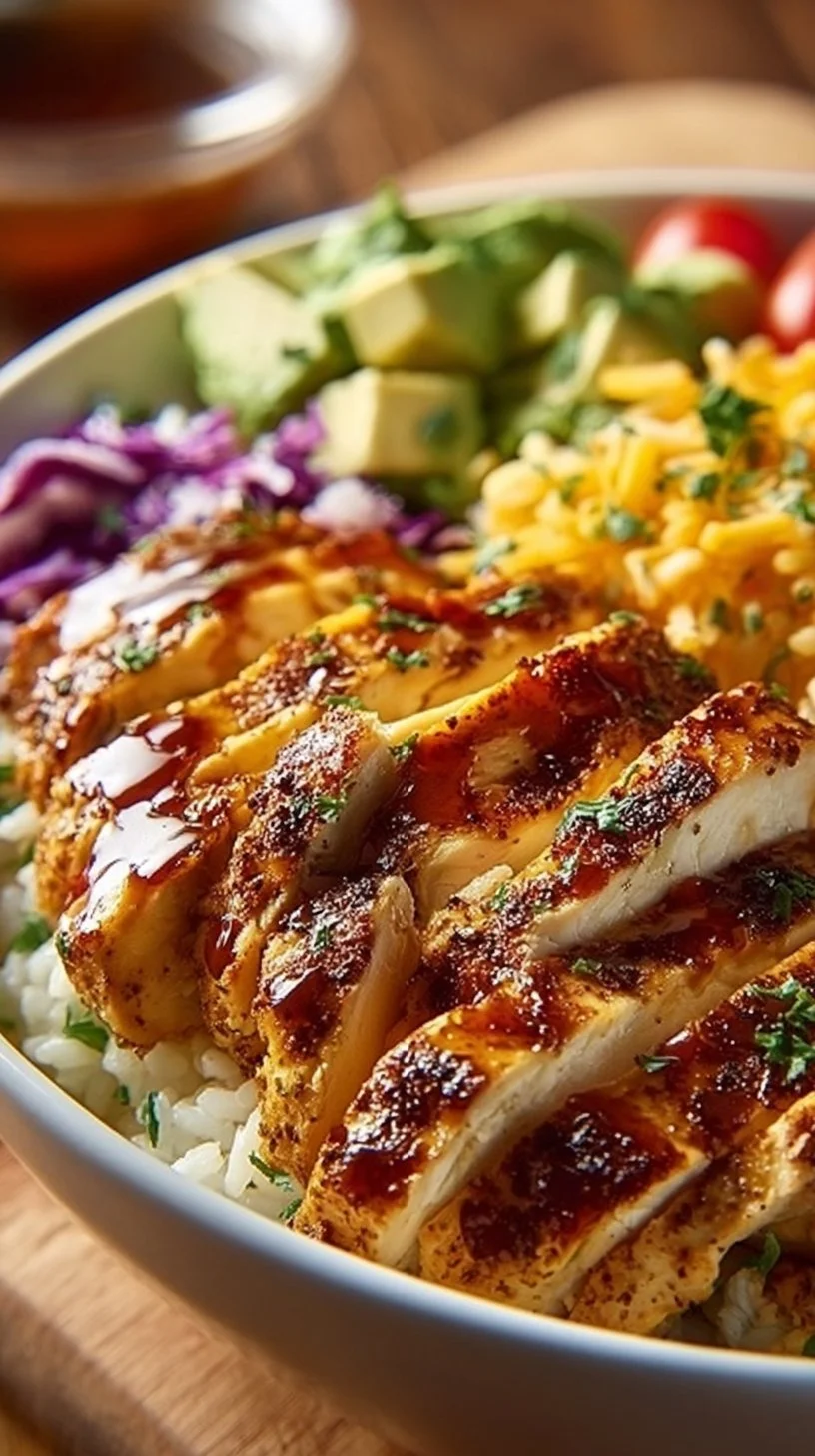 High Protein BBQ Ranch Chicken Bowl with vibrant ingredients and BBQ sauce