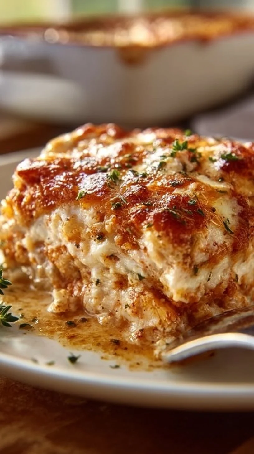 High protein chicken parmesan casserole baked to perfection with cheese and herbs.