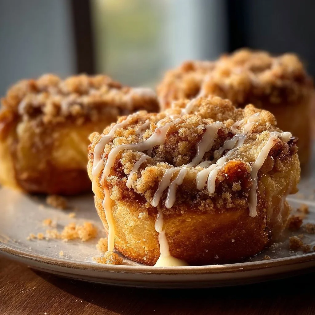 Irresistible apple cheesecake buns with crumble topping and sweet glaze