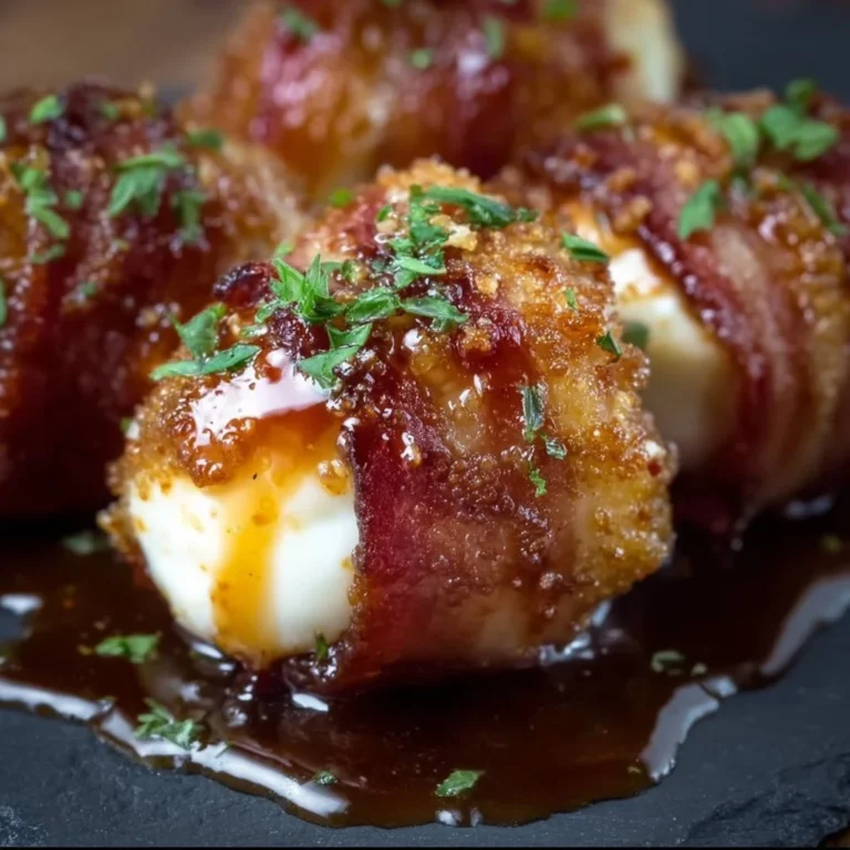 Bacon-wrapped mozzarella poppers with maple glaze on a serving platter
