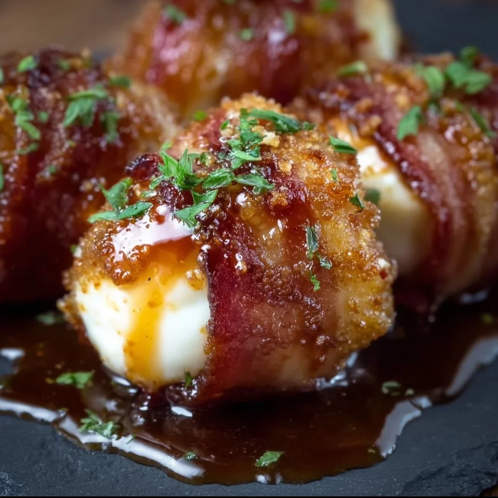 Bacon-wrapped mozzarella poppers with maple glaze on a serving platter