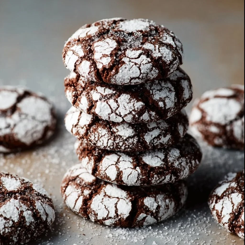 Freshly baked chocolate crinkle cookies dusted with powdered sugar
