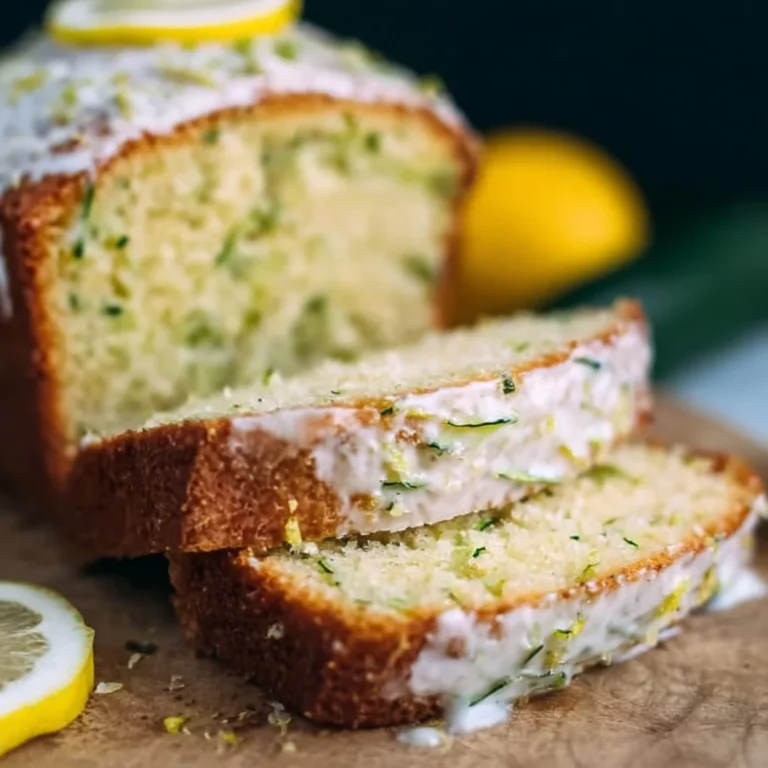 Slice of delicious lemon zucchini cake topped with lemon zest and icing on a plate