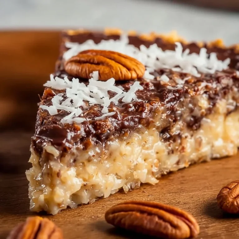 No-Bake German Chocolate Pie with coconut pecan topping on a plate