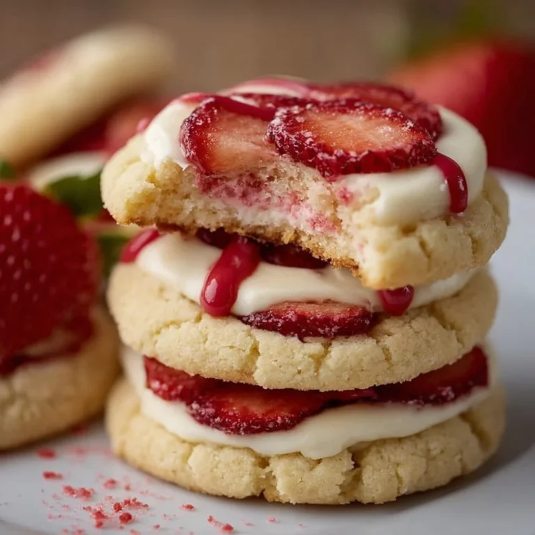 Irresistible strawberry cheesecake cookies topped with fresh strawberries and cream