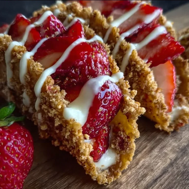 Delicious strawberry cheesecake tacos with a crunchy topping.