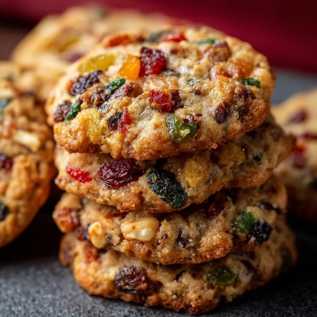 Chewy fruitcake cookies arranged on a festive platter