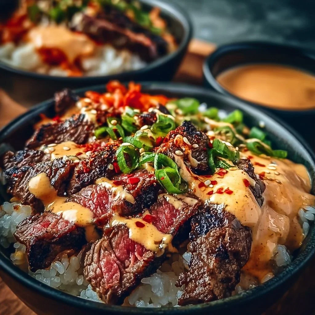 Korean BBQ steak rice bowl with spicy cream sauce and fresh vegetables