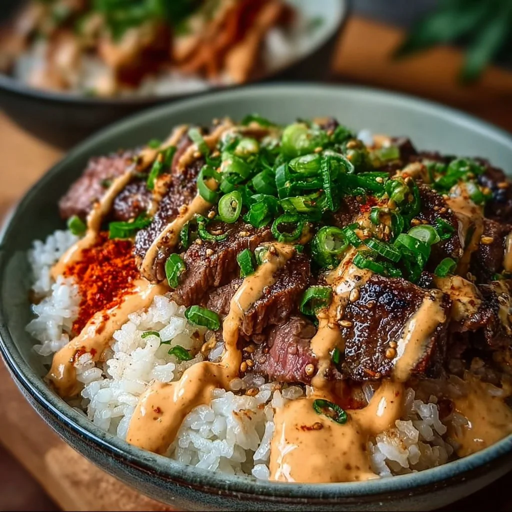 Irresistibly Easy Korean BBQ Steak Rice Bowls with Spicy Cream Sauce