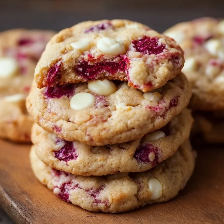 Delicious raspberry white chocolate cookies stacked on a plate