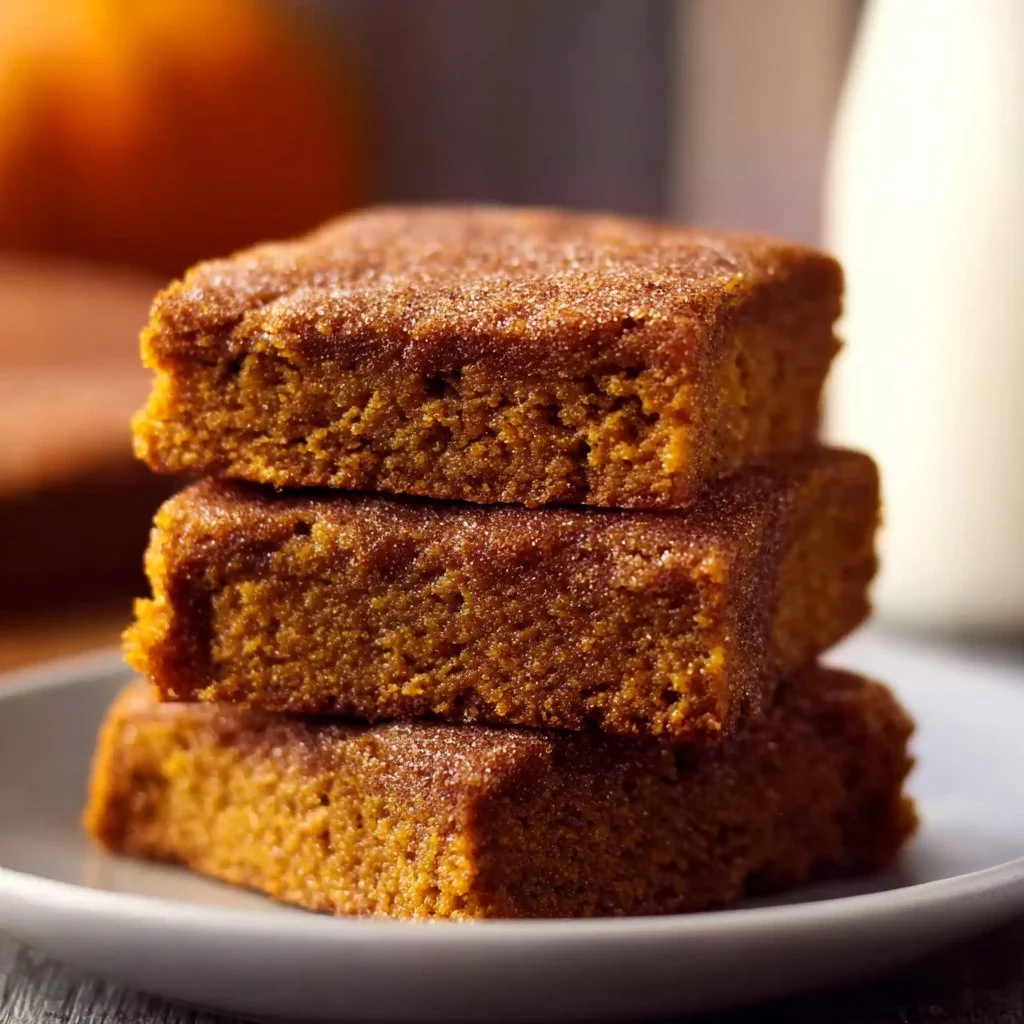 Delicious pumpkin snickerdoodle brownies topped with cinnamon sugar.