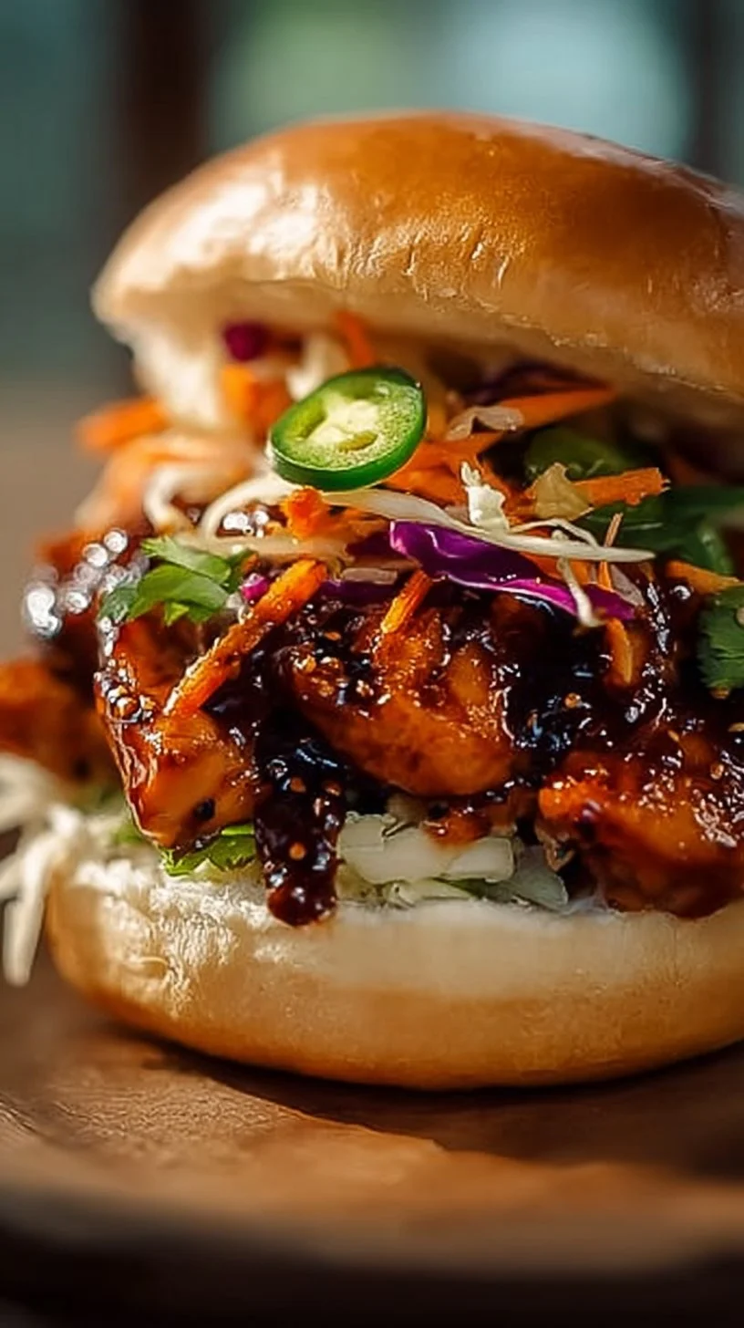 Korean BBQ Chicken Sandwich served with fresh vegetables and spicy sauce