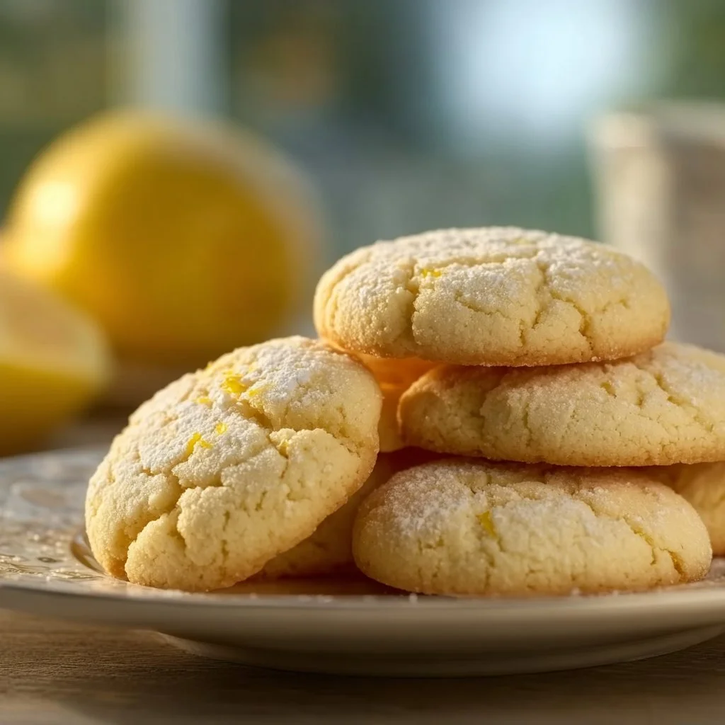 Delicious homemade lemon cookies on a plate with a sprinkle of powdered sugar.