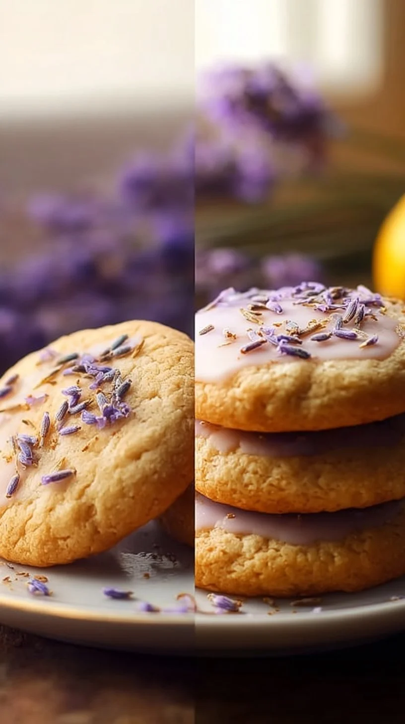 Plate of homemade lemon lavender cookies with a slice of lemon and sprigs of lavender