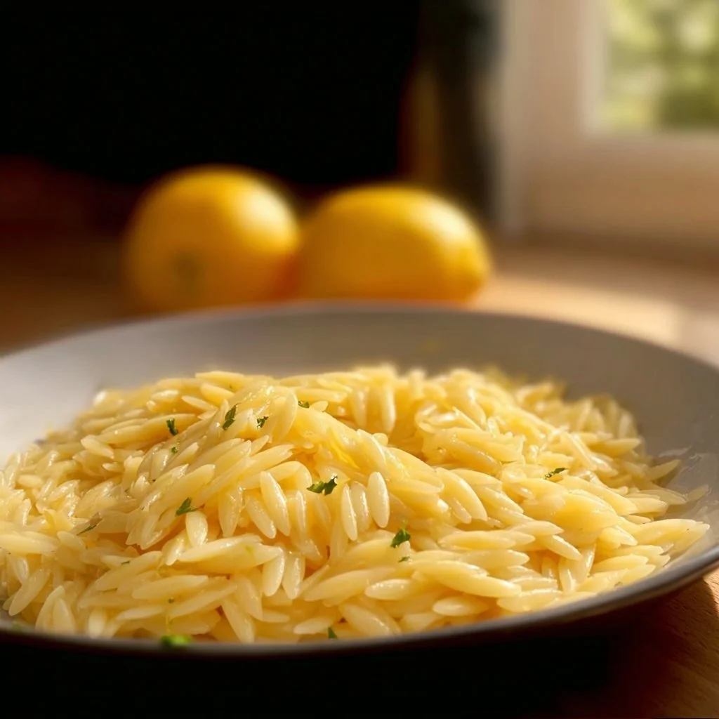 Delicious Lemon Orzo Pasta garnished with fresh herbs and lemon slices