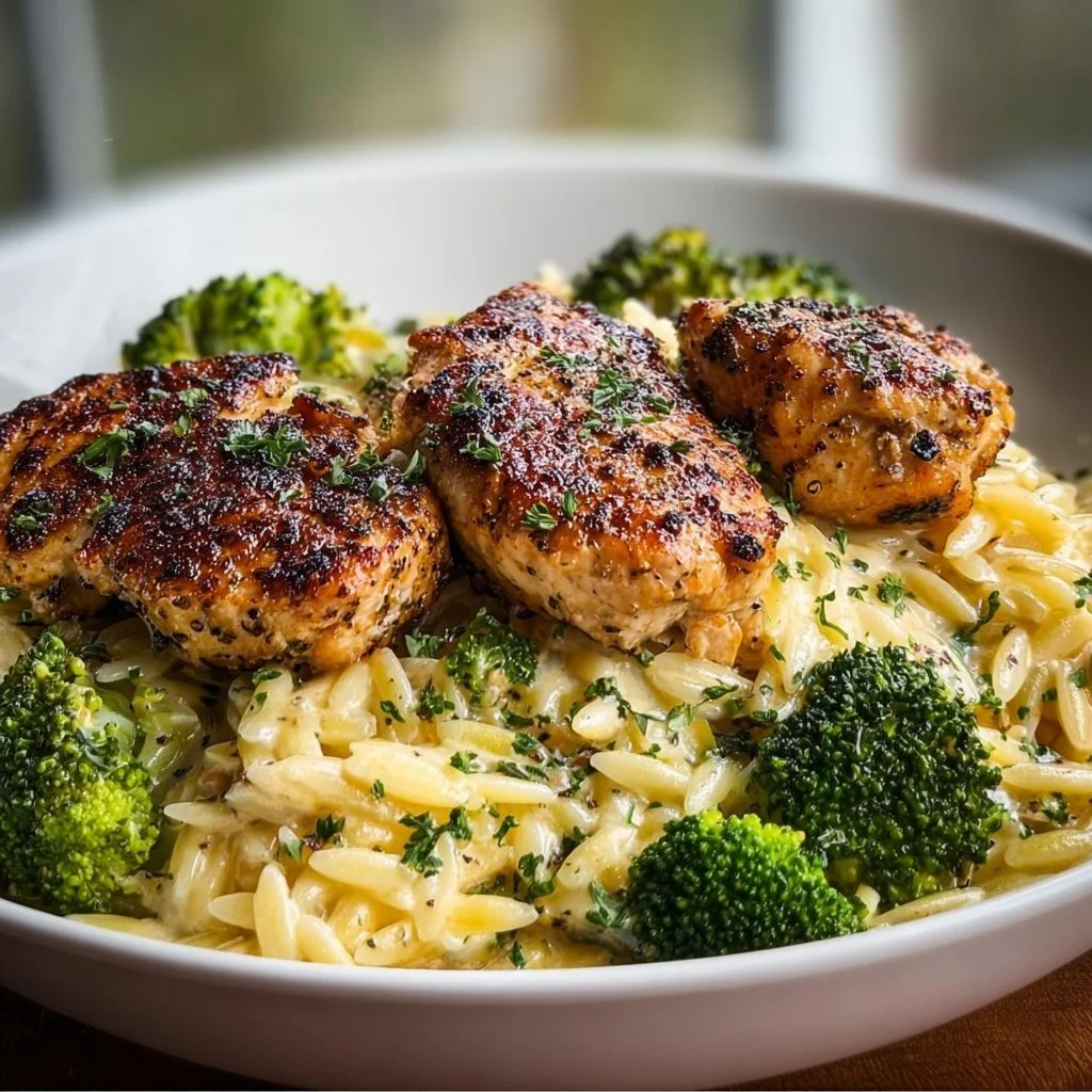 Plate of Lemon Pepper Chicken with Broccoli and Orzo pasta