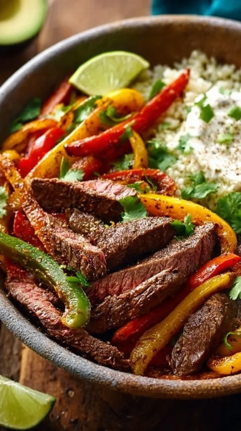 Low Carb Steak Fajita Bowl with colorful peppers and avocado on top