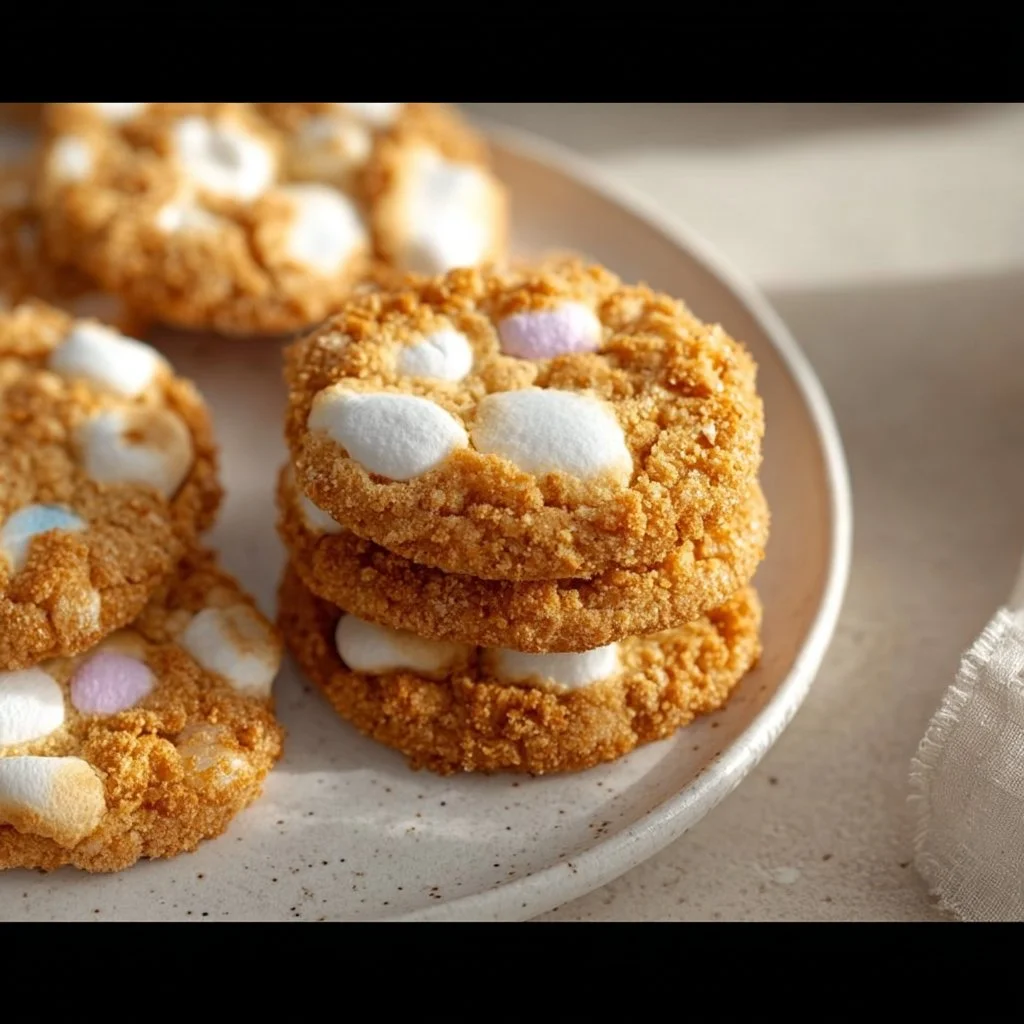 Delicious marshmallow crispy cookies stacked on a plate.