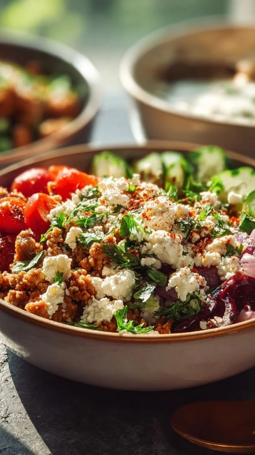 Mediterranean ground turkey bowls with fresh vegetables and herbs