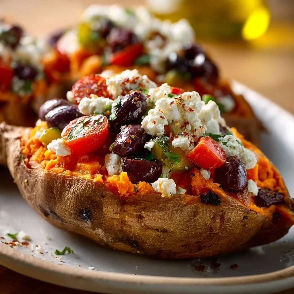 Mediterranean stuffed sweet potatoes topped with fresh herbs and spices
