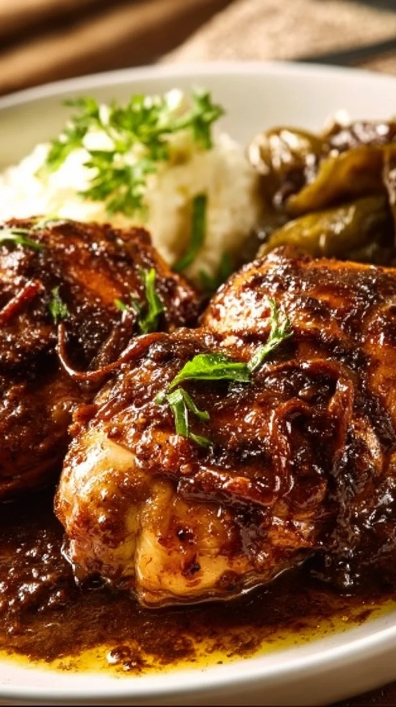 Plate of flavorful Mississippi Mud Chicken served with sides