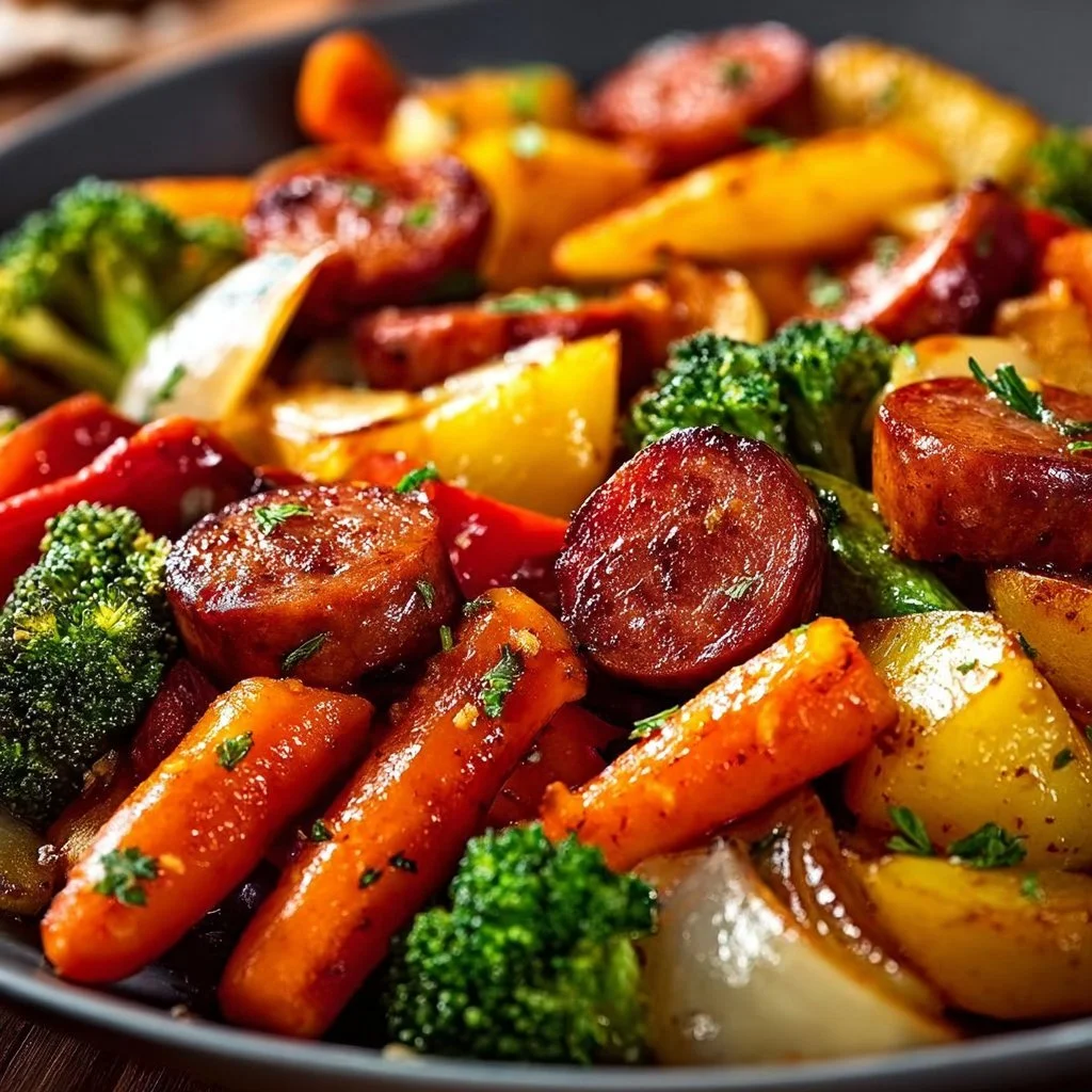One-Pan Honey Garlic Kielbasa with mixed vegetables ready to serve.