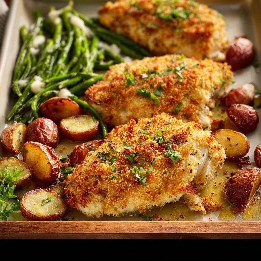 Parmesan Crusted Chicken Sheet Pan Dinner with roasted vegetables
