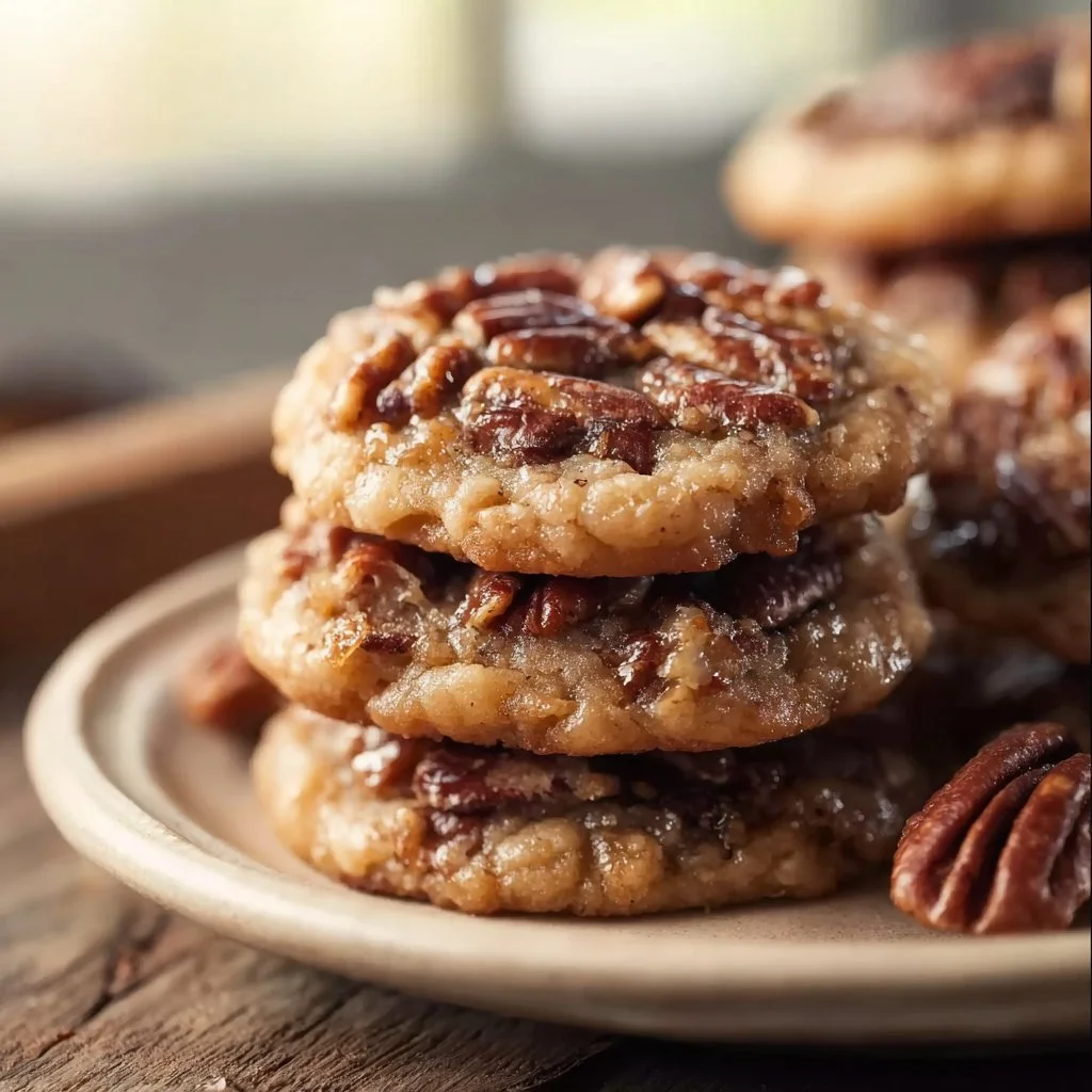 Delicious pecan pie cookies with chopped pecans and caramel drizzle