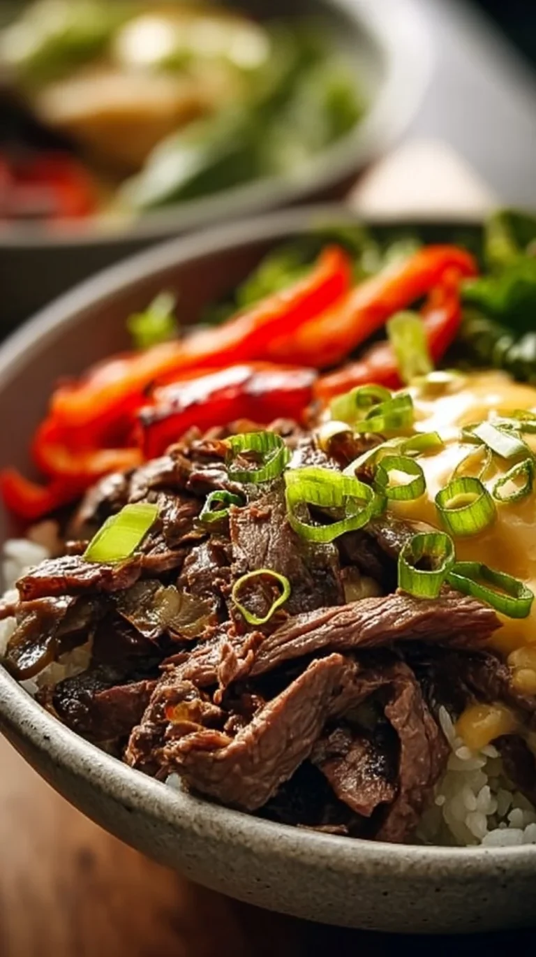Delicious Philly Cheesesteak Bowl topped with melted cheese and peppers.