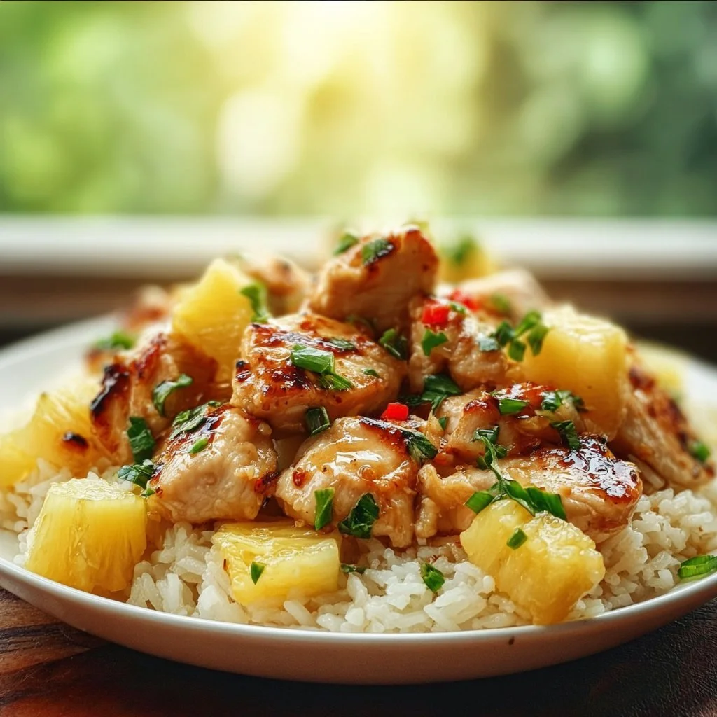 Delicious Pineapple Chicken served over rice with vibrant colors and flavors.