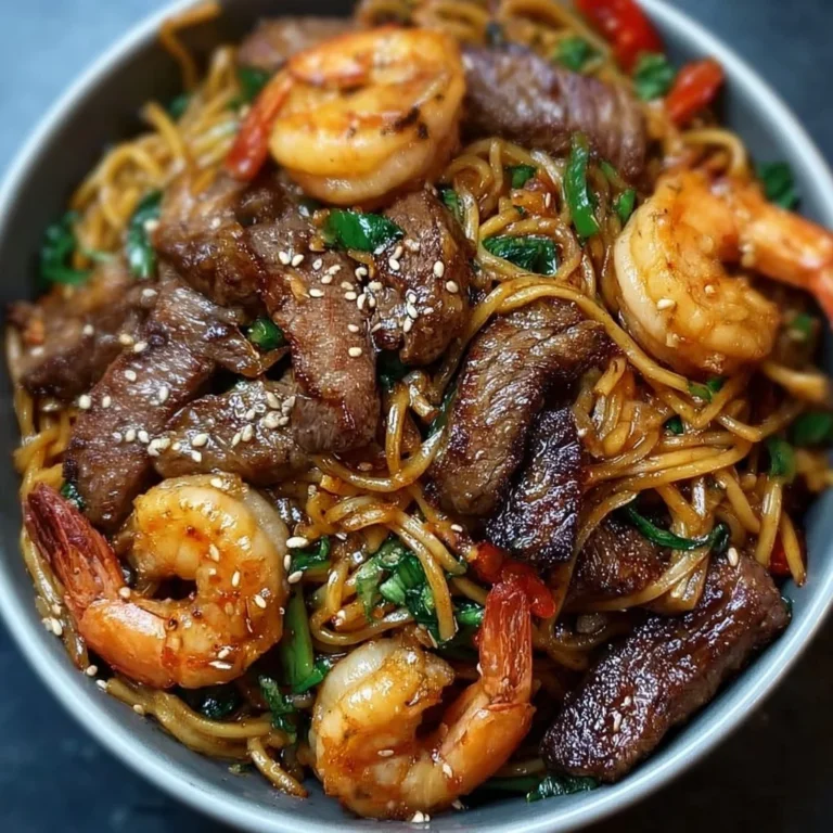 Savory steak shrimp noodle stir-fry served in a vibrant bowl