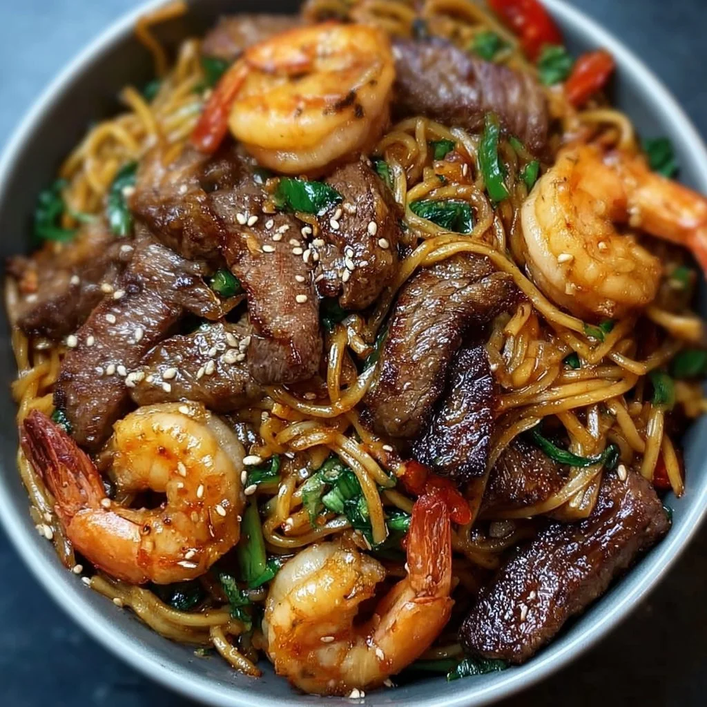 Savory steak shrimp noodle stir-fry served in a vibrant bowl